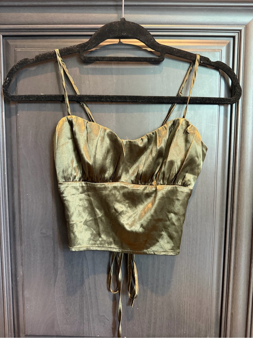 Forever 21 Olive Satin Cropped Cami with Ruched Bust